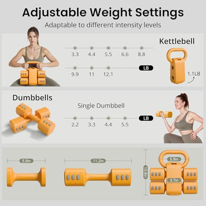 2-in-1 Adjustable Dumbbell Set for Women - 4 Levels (2.2lbs to 12.1lbs) - Home Gym Weights for Women at Home - Fitness Dumbbells - color: Orange