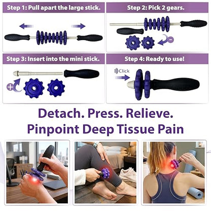 3-in-1 Muscle Roller Stick, Manual Massage Tool with 8 Adjustable Gears & POM Core, Customizable Deep Tissue Relief for Neck, Back, and Calves, Portable Post-Workout Recovery (Purple)