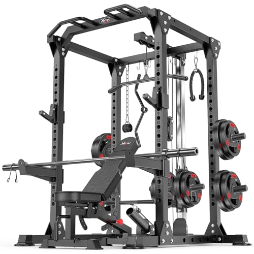 Power Rack Power Cage Multi-Function Squat Rack with Cable Crossover System Selectable More Training Attachment Power Rack for Garage & Home Gym - color: Black, size: C set L01+Weight Bench+（pole+Cast Iron）248LBS