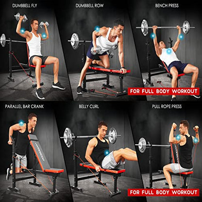 OPPSDECOR 900LBS Weight Bench Set for Home Gym, 6-in-1 Foldable Bench Press Set with Leg Extension, Leg Curl, Preacher Curl Pad, Barbell Rack, Squat Rack for Full Body Workout, Strength Training