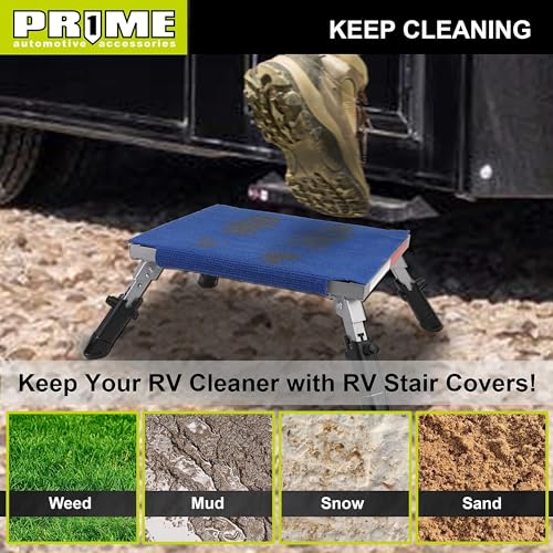 PR1ME Safety RV Steps, 19" x 14.5" Extra Large RV Step Stool with Glow, Camper Step Stool, Non-Slip Folding Step Stool and Ladder for RV, with 100% Polyester Step Rug RV Stair Cover, Up to 600lbs - size: Extra Large Size with Step Rug