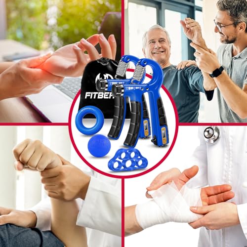 FitBeast Hand Grip Strengthener Workout Kit (5 Pack), 2 Forearm Grip Adjustable Resistance Hand Gripper, Finger Stretcher, Grip Ring & Stress Relief Grip Ball for Athletes - color: Dark Blue