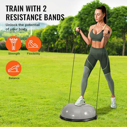 VEVOR Half Exercise Ball Trainer, 23/26 inch Balance Ball Trainer, 1500lbs Capacity Stability Ball, Yoga Ball with Resistance Bands & Foot Pump, Strength Fitness Ball for Home Gym Full Body Workout - color: 23" Ripple Gray