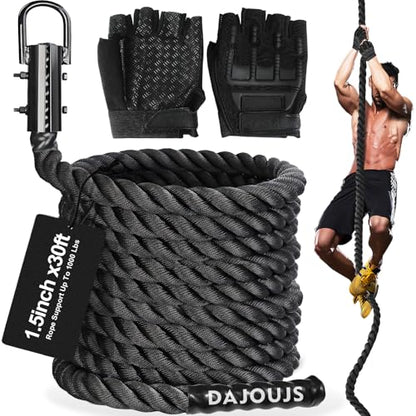 Climbing Rope Gym Workout - 1.5 Inch Dia 10FT 15FT 20FT 25FT 30FT 35FT 40FT 50FT Heavy Duty Work Out Rope Exercise Climbing Ropes for Adults Kids Fitness & Strength Training Outdoor & Indoor - Black