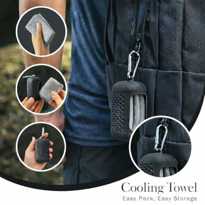 Cooling Towel with Clip Case – Quick-Dry Neck Wrap for Sports, Beach Tote Bags, Gym, Travel & Outdoor Heat - color: Black