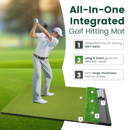 Golf Hitting Mat with Ball Tray, Dual-Turf Practice Training Mat for Indoor & Outdoor Use with 3 Rubber Tees - size: 5 x 4 ft - 1.22"