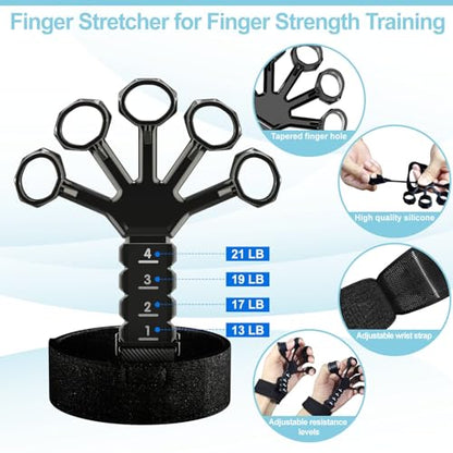 Grip Strength Trainer(5 Pack) with Finger Exerciser, Hand Grip Strengthener, Finger Stretcher,Grip Ring & Stress Relief Ball for Muscle Building and Injury Recover with Carry Bag - color: BLACK