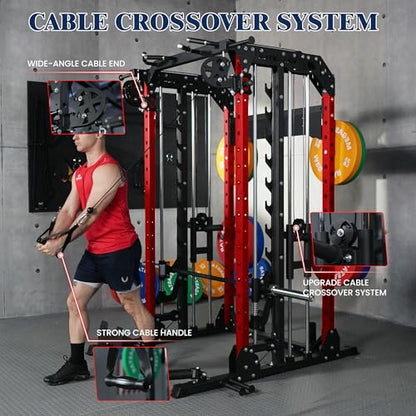 Smith Machine, 2600LBS Squat Rack, 7-in-1 Home Gym Cage with Adjustable Safety Bars, Pull-Up & LAT Pulldown