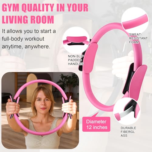 10 Pcs Pilates Ring Blocks Set for Women Home Yoga Equipment Accessories Pilates Ring Circle and Ball Workouts Gift Include Ball Yoga Circle Resistance Bands Block Straps Gym Bag - color: Pink