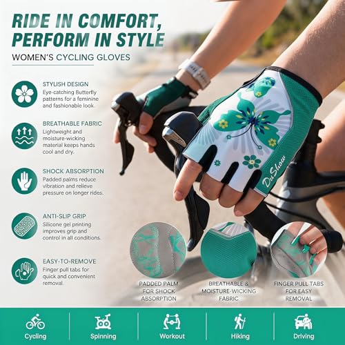 Women Half Finger Cycling Gloves, Pattern Printed with Anti-Slip Shock-Absorbing Pad for Road/Mountain Biking, Gym – Short Fingerless