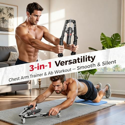 FLYBIRD Twister Arm Trainer, Hydraulic Power Core Twister Chest Workout Equipment, Adjustable 22-440LBS Chest Trainer for Men, 3 in 1 Chest and Arm Exerciser with Ab Roller Wheel, Include Backpack&Pad