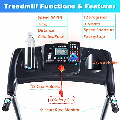 Foldable 16.5 Inch Cardio Fitness Portable Treadmill with Bluetooth Connectivity, LCD Display, and Tracking Apps for Home Gym Equipment, Black - color: Black Medium Large