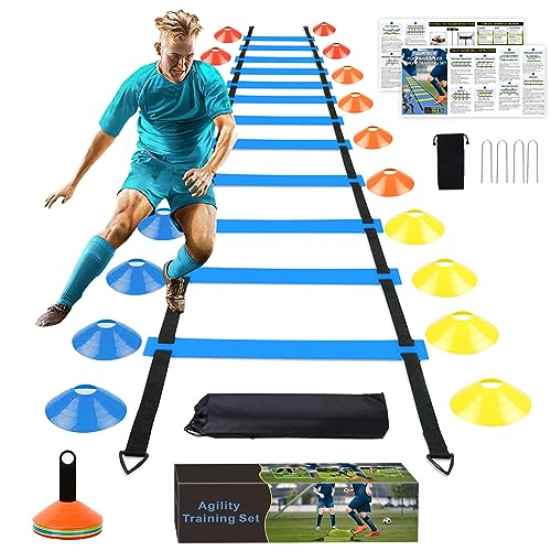 Soccer Speed Agility Training Set - 20FT Agility Ladder 12/16 Sports Cones and Soccer Kick Trainer Football Training Equipment Footwork Drills for Youth and Adults - color: Blue, style: Agility Ladder+Cones