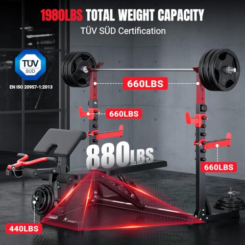 YOLEO 6-in-1 Weight Bench Set, 880LBS Adjustable Bench with Rack & Curl Pad