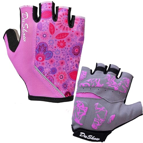 DuShow Women Half Finger Cycling Gloves, Pattern Printed with Anti-Slip Shock-Absorbing Pad for Road/Mountain Biking, Gym – Short Fingerless - color: Pink Flower, size: Small
