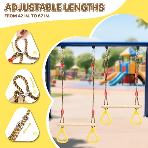 LadyRosian Wooden Trapeze Swing Bar, Adjustable Height Swing Set, Gym Rings, Playground Attachments, 16.5" Monkey Bar for Backyard, Playground, Playroom - color: Yellow