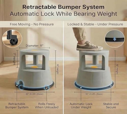 Rolling Step Stool with Wheels, 330lbs Capacity, Non-Slip Platform & Retractable Casters,Round Kick Stool for Library,Kitchen,Office,Garage,Portable for Adults/Seniors/Kids（LightGray）