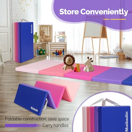 Matladin Folding Gymnastics Gym Exercise Aerobics Mat, 76"L x 30"W x 1.5"Th Folding Exercise Mat, Easy to Clean PU Leather Tumbling Mats for Stretching Yoga Cheerleading Martial Arts, Kid Play(Pink ,Blue）