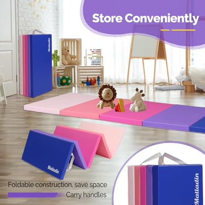 Matladin Folding Gymnastics Gym Exercise Aerobics Mat, 76"L x 30"W x 1.5"Th Folding Exercise Mat, Easy to Clean PU Leather Tumbling Mats for Stretching Yoga Cheerleading Martial Arts, Kid Play(Pink ,Blue）