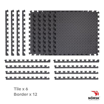 Foam Floor Gym Mats with Interlocking Tiles, .47" Thick, 24"x24",6-Pack, 24 Square Feet, Diamond Plate Design, Grey