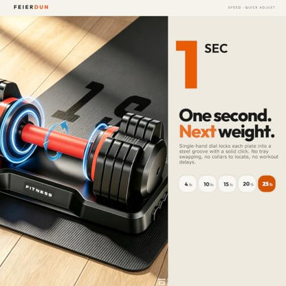 FEIERDUN Adjustable Dumbbell Set, Weight Set for Home Gym, 5/10-in-1 Free Weight Adjustable Dumbbells, Single Hand Twist Adjust with Non-Slip Handles, 90% Space Saving Strength Training for both Men&Women - color: 5 Weight Settings - 25 LB/Pair (50 LB Tot