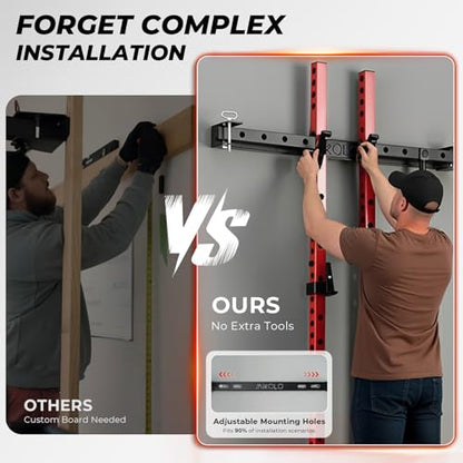 Mikolo 2" x 2" Folding Wall Mounted Squat Rack, 1000 Pounds Capacity Power Rack with Pull Up Bar, J Hooks and Other Attachments, Space-Saving Home Gym - color: Red, style: Squat Rack with Safety Catches