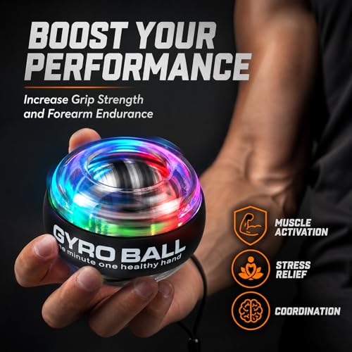 Gyro Ball Wrist Trainer, Auto Start Grip Strength Trainer with Battery-Free Self-Generating LED Lights, Forearm Trainer and Hand Exerciser, Torque Ball for Fitness, Office and Gaming - color: Black