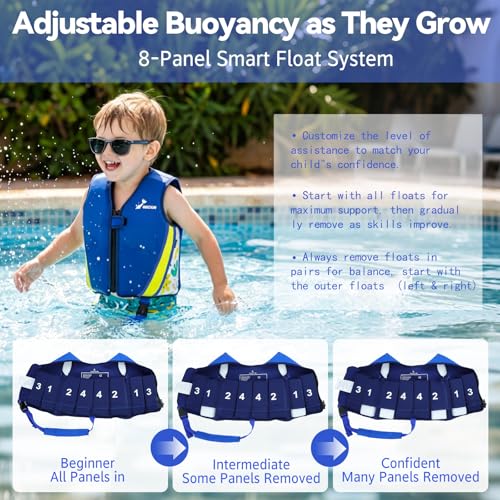 Swim Vest for Toddlers & Kids, Neoprene Swimming Aid Vest with Removable Floatation Pads, Adjustable Safety Strap & Secure Zip, Toddler Swim Trainer Floaties for Boys Girls 2-9 Years