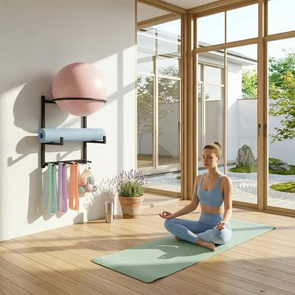 Wall Mounted Yoga Ball and Mat Holder, Space-Saving Home Gym Organizer and Storage Rack Fits 55-75cm Stability Ball with 5 Hooks for Resistance Bands and Equipment