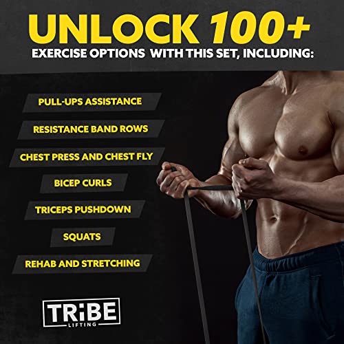 Tribe Lifting Resistance Bands for Working Out Men and Women - Set of 5 Pull Up Bands for Strength Training, Exercise Bands with Handles, Door Anchor and Bar Options for Home Gym