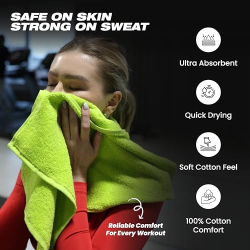 Sports Towel - Double Pack (2 Pieces), 12"x51", Lime Green, 100% Cotton - Oeko-Tex Certified, Very Absorbent and Quick-Drying, for Fitness, Gym and Yoga - color: Neon Green