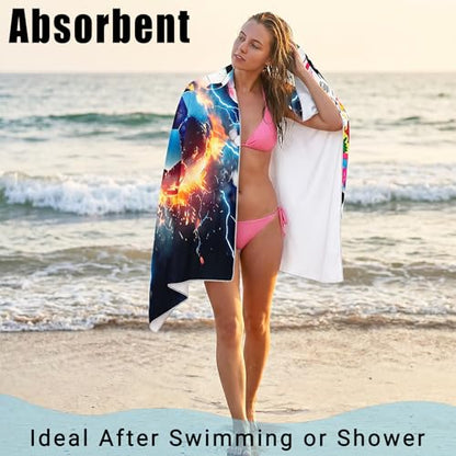 Large Soccer Beach Towel - 71" x 35" Oversized Microfiber Sand Free Quick Dry Absorbent Compact Sports Beach Towel for Pool Travel Gym Bath Camping - Cool Soccer Fan Gift for Men Women Summer Vacation