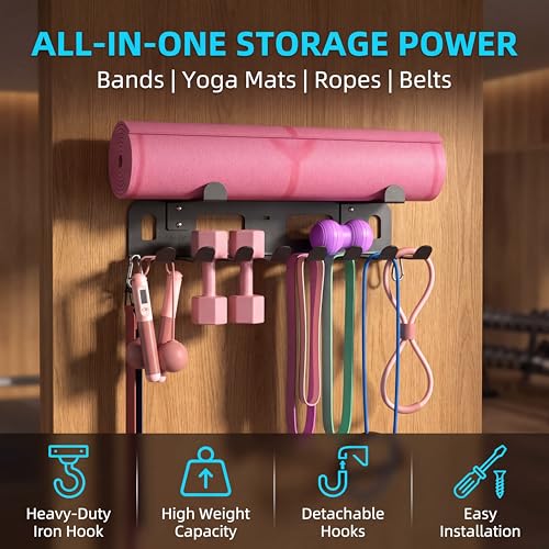Heavy-Duty Metal Gym Storage Rack, Wall-Mounted Multi-Purpose Home Gym Organizer for Yoga Mat, Resistance Bands, Jump Ropes, Weight Belts - Space-Saving Garage Gym Storage with Removable Hooks