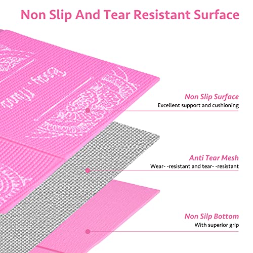 Foldable Yoga Mat for Women, Non Slip Exercise Mat for Home Gym, 5mm Travel Yoga Mats Set With Stretch Strap for Yoga Pilates and Fitness, 68"L x 24"W x 0.2 Inch Thick