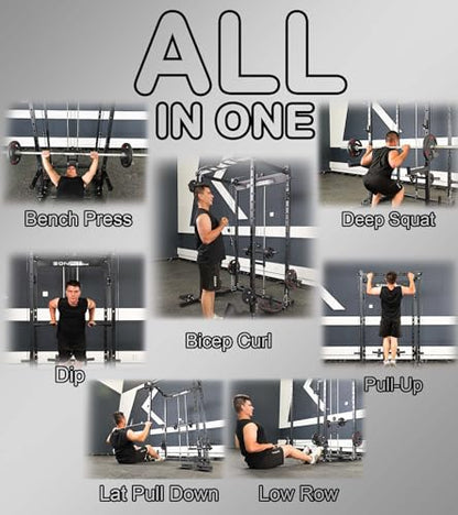 Eonfit E2 Power Cage，1500LB Squat Rack with Cable Crossover System.Multi-Function Power Rack for Home Gym.All-in-One Squat Rack with More Training Attachments