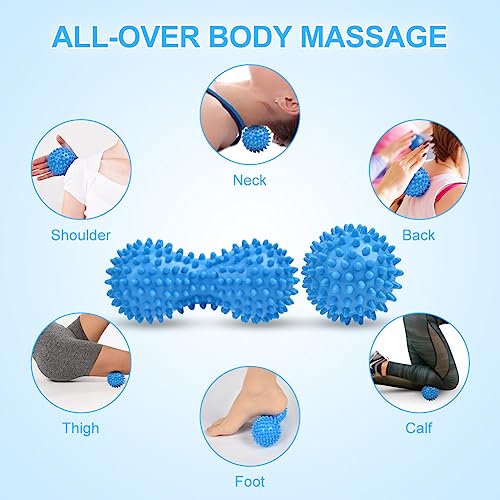 URAQT Spiky Massage Ball Set, 2 Pack Physical Therapy Massage Balls, Hard Lacrosse Ball & Spiky Massage Ball for Myofascial Release and Trigger Point Deep Tissue Massage (Blue)
