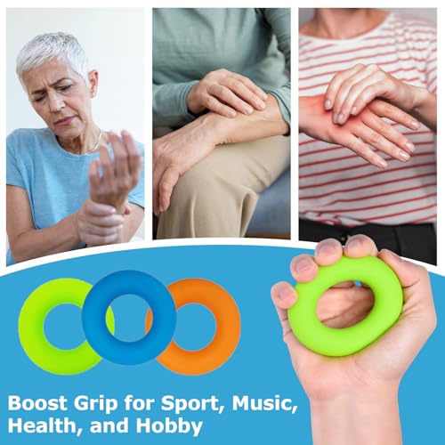 Hand Grip Strengthener Rings, Finger Strengthener Resistance Bands for Guitar/Piano Exercising, Climbing, Arthritis Therapy, Set of 3 Resistance Levels (6 PCS)