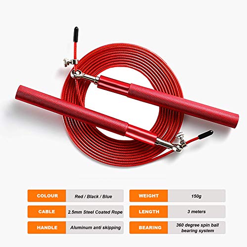 Speed Jump Rope - 360° Swivel Ball Bearing - Adjustable steel coated rope-Aluminum Anti Skipping Handle -Fitness Training Boxing Sports Exercises -Suitable for Kids and Adults - color: Red