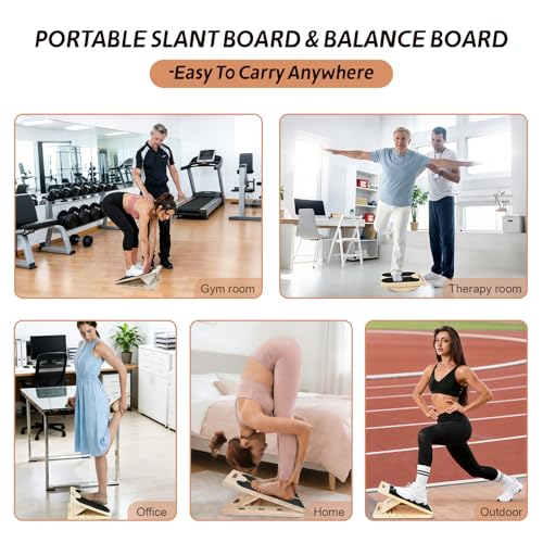 Wooden 2-in-1 Slant & Balance Board, Adjustable Wobble Design for Calf Stretch Exercise, Knee Ankle Heel Foot Pain Relief