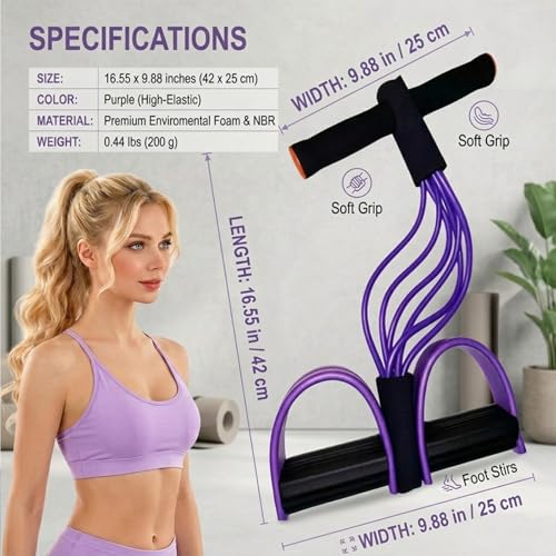 Pedal Resistance Band with Handles, Purple, Upgraded 6-Tube | Pedal Puller for Home Workouts, Full-Body, Core Strength, Arm Training and Leg Exercises