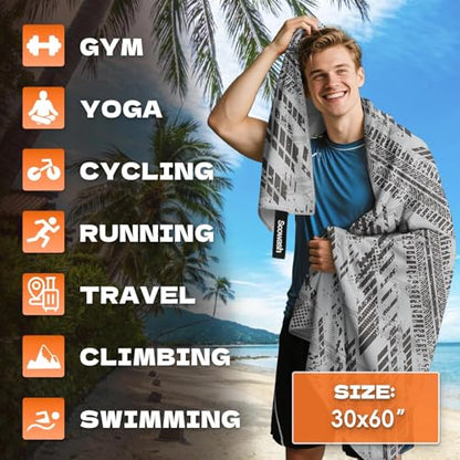 Microfiber Sweat Towel Quick Dry Lightweight Absorbent 2 Pack，Fast Drying 30‘’ X 60‘’ Negative Ions Odorless Gym Towels for Men & Women Yoga Travel Outdoor Camping Gym Beach (Gray Geometric)