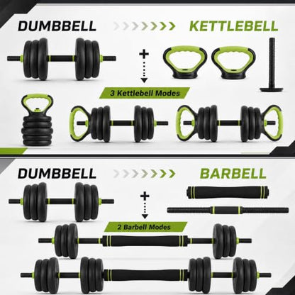 Adjustable Dumbbell Set 44LB, 4-in-1 Free Weight Set with Barbell & Kettlebell & Push-Up Handles, Compact All-in-One Home Gym for Men & Women, Anti-Slip Grip, Quiet Rubber-Coated Plates