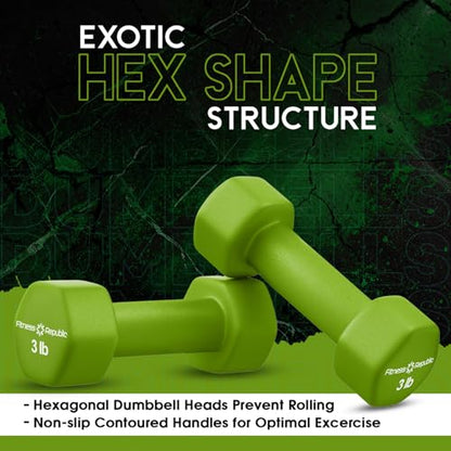 Fitness Republic Neoprene Dumbbell Set of 2, Non-Slip, Hex Shape, Free Weights for Muscle Toning and Strength Building - Portable Home Gym Hand Weights