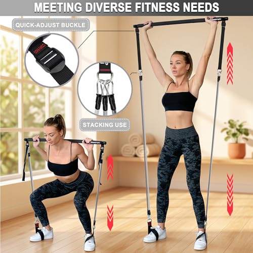 Portable Pilates Bar Kit with Resistance Bands for Men and Women - 3 Set Exercise Resistance Bands - Multifunctional Home Gym - Supports Full-Body Workouts – with Fitness Poster and Video