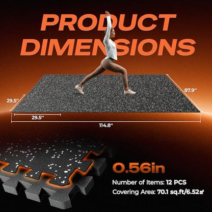 SUPERJARE 30" x 30" Larger Rubber Top Exercise Equipment Mats, 0.56" Thick 12PCS 75 Sq Ft High-Density EVA Foam Interlocking Gym Flooring, Big Workout Mat for Home Gym, Floor Protection, Black/Grey