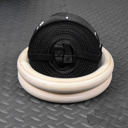 Wooden Gymnastics Rings Strong Strap with Measurements - Perfect for Bodyweight Training