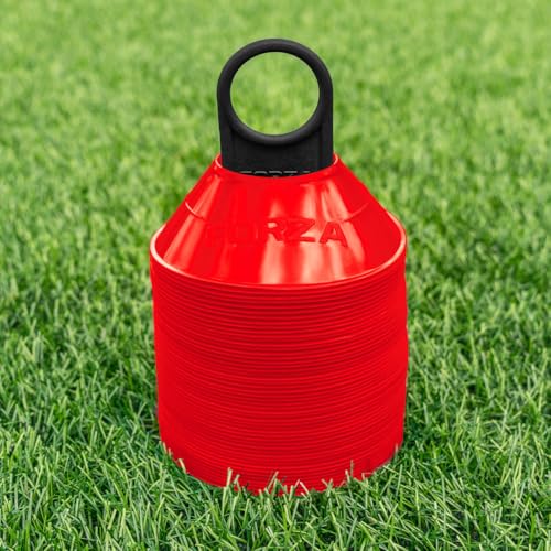FORZA Mini Training Marker Cones | Durable Multi-Purpose Mini Space Cones Ideal for All Sports – Pack of 50 or 1000 in Multiple Color Options [Includes Carry Stand] - color: Red, style: Pack of 50