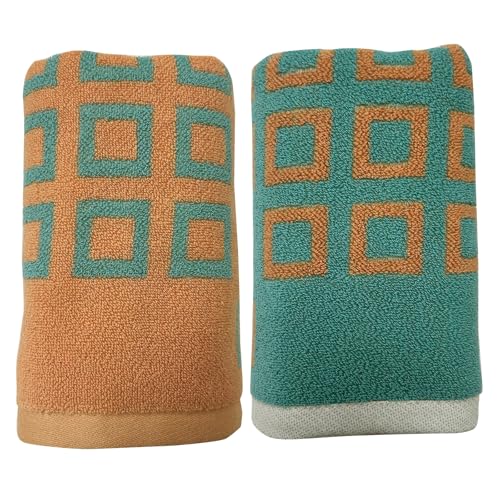 USTIDE 2-Pack Classic Checkered Hand Towels for Bathroom, Soft Absorbent Cotton Kitchen Towels with Green and Orange Pattern, Quick-Dry Gym & Travel Towels for Daily Use