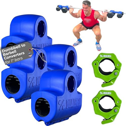 Dumbbell Converter- for 1" bars Superset Dumbbell to Barbell Adapters- hold up to 500lbs- Converts dumbbells for use on 1" diameter barbell - color: Blue Superset w/green weight collars (for standard 1" bar)