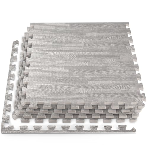 HomeCube USA 3/8 Inch Thick Interlocking Wood Grain Foam Floor Tiles for Home, Office, Workout Equipment Space, Commercial Areas, Anti-Fatigue Flooring Padding 24x24 in., Grey, 32 SQ Ft - 8 Tiles - color: Grey, size: 32 Sq Ft (8 Tiles)